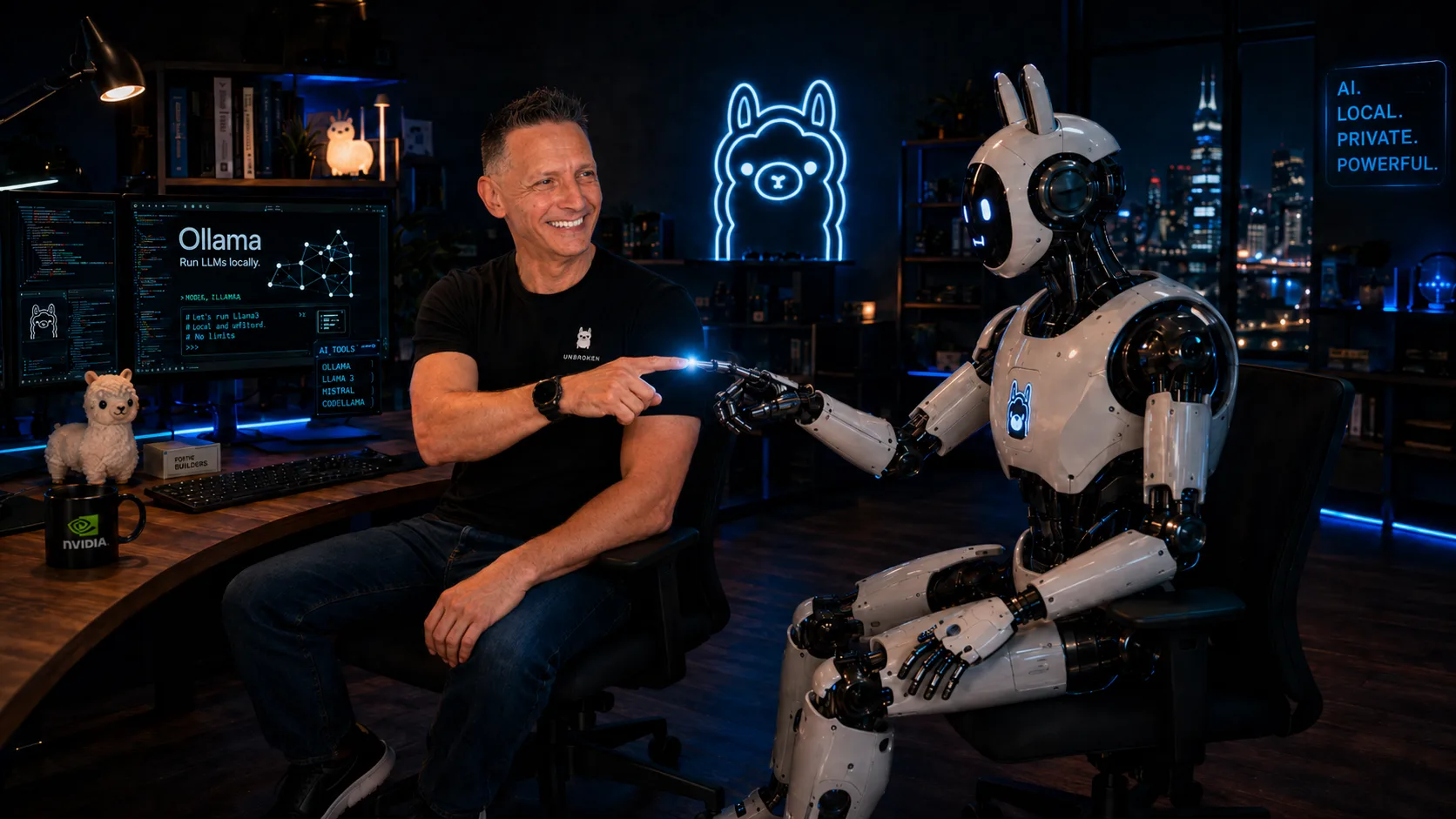 Človek podáva ruku humanoidnému robotovi v neónovom AI štúdiu